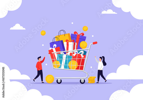 Excited shoppers discover overflowing shopping cart filled with gift boxes and presents symbolizing successful consumerism and online shopping adventures