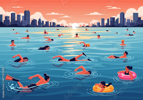 People enjoying a refreshing swim in the ocean with a cityscape in the background during a beautiful sunset creating a vibrant and lively atmosphere