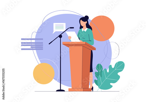 Professional woman delivering an engaging speech from a wooden podium with a microphone during a public speaking event with abstract background elements and green foliage