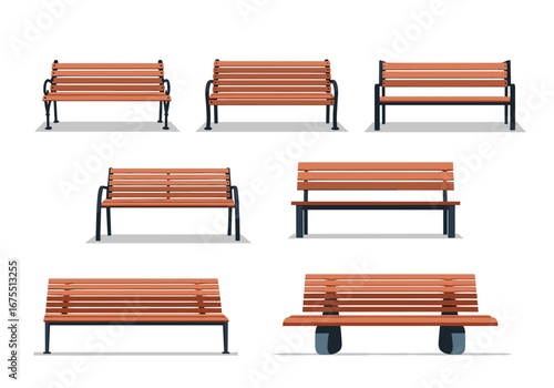 Collection of various wooden park benches and seating arrangements for outdoor public spaces