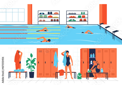 People swimming in a pool and changing in a locker room after their workout