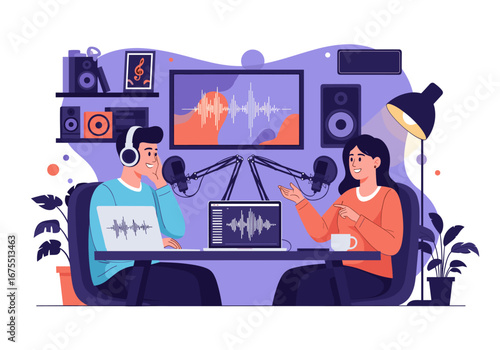 Two people in a recording studio discussing topics and sharing their thoughts and opinions live on air