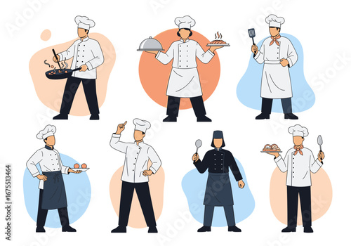 Collection of diverse culinary professionals showcasing various cooking skills and presentation techniques