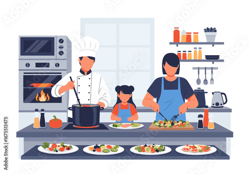 A family enjoys cooking and preparing delicious meals together in a modern kitchen setting