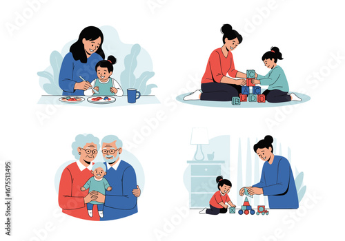 Diverse family generations enjoying quality time together through play and creative activities