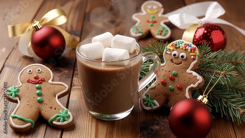 Cozy winter scene with steaming hot chocolate, festive gingerbread cookies, and red ornaments on wood