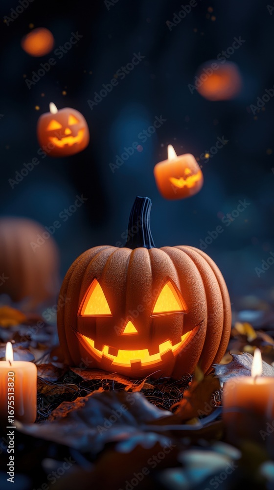 Fototapeta premium Spooky Halloween pumpkin with glowing candles in autumn setting