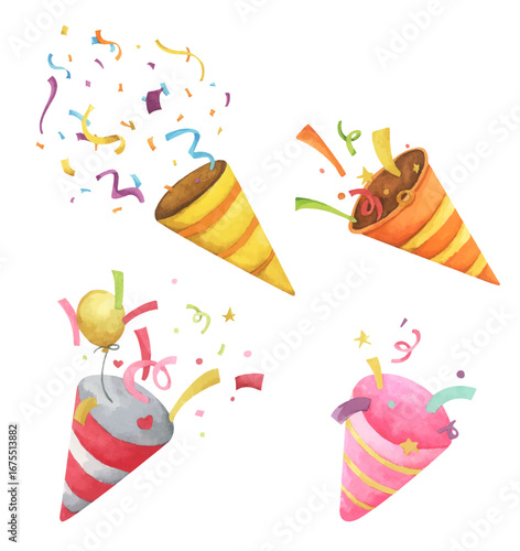 Watercolor Party Popper. Confetti Explosion Celebration Decoration for Birthday, Anniversary, Happy New Year.