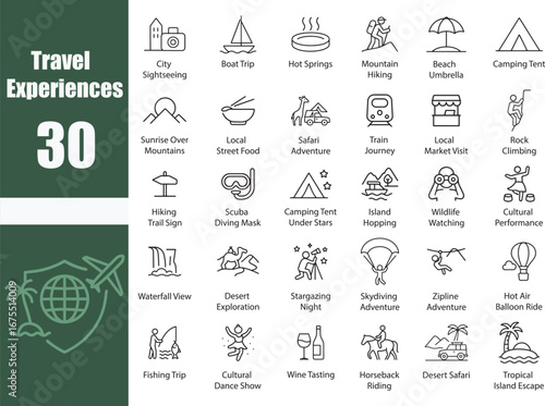 Travel Experiences Icon Set: 30 Line Art Vector Illustrations