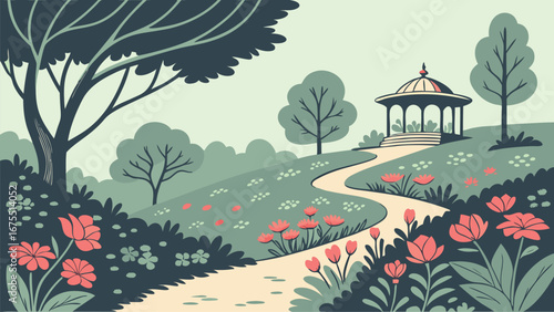 Serene Spring Garden Path Leading to Elegant Gazebo;  Vintage Style Illustration