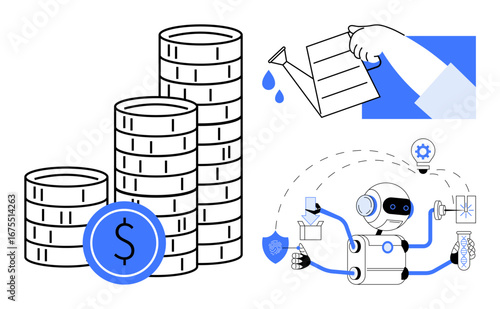 Hand watering stacked coins, robot with icons for automation and technology, growth symbols for prosperity. Ideal for finance, technology, business, innovation, AI investment automation. Minimalist