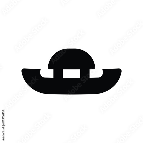 Simple black silhouette icon of a wide brimmed hat with a rounded crown and a cutout detail