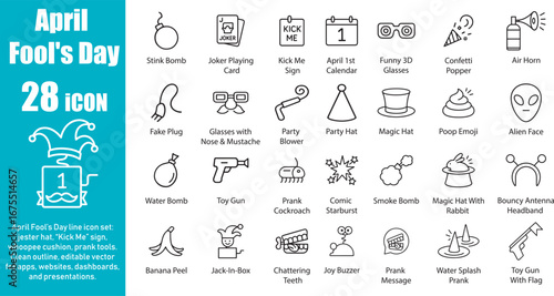 April Fool's Day Vector Icon Set with Prank Elements.