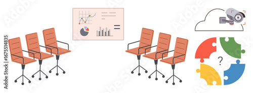 Office chairs, chart panel, and a cloud-connected security camera with puzzle pieces symbolizing collaboration, strategy, organization, planning, data security, productivity, and problem-solving