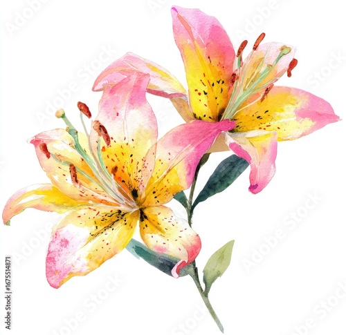 Two delicate, watercolor-style lilies in shades of pink and yellow