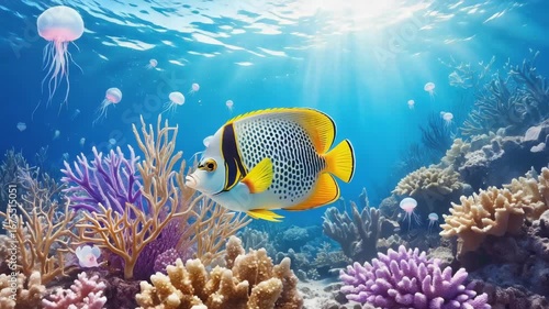 Vibrant tropical fish in a sunlit underwater coral reef.