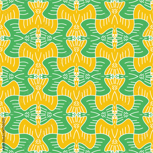 seamless pattern featuring stylized birds in shades of gold and green. The birds are depicted in a symmetrical, almost tessellated arrangement, creating a continuous and repetitive design.
