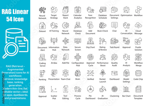 AI RAG Icons: Linear Vector Set for Retrieval Augmented Generation