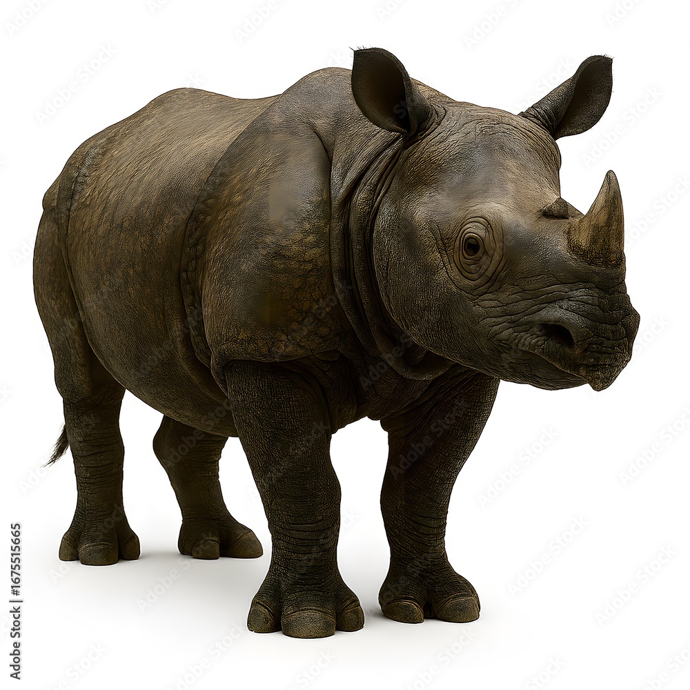Obraz premium Majestic Javanese rhinoceros standing alone, a powerful symbol of wildlife conservation and endangered species, isolated on a white background