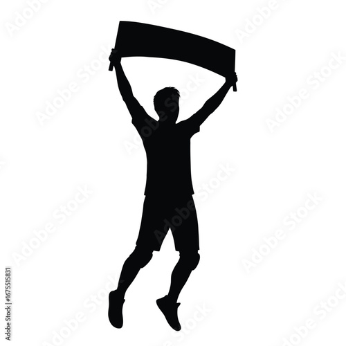 Person holding banner jumping celebration vector