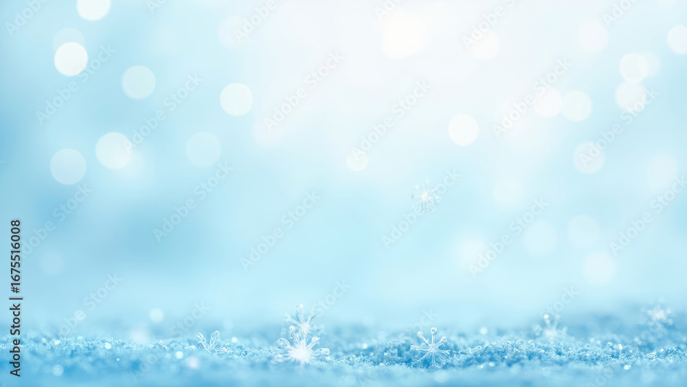 Fototapeta premium Winter scene with snowflakes bokeh effect and light blue background image