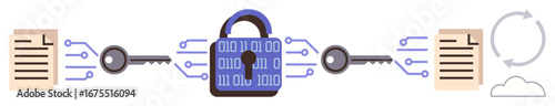 Central lock with binary code, keys connecting two documents, and cloud renewal arrows. Ideal for security, encryption, technology, privacy, data transfer, cloud storage and cybersecurity concepts