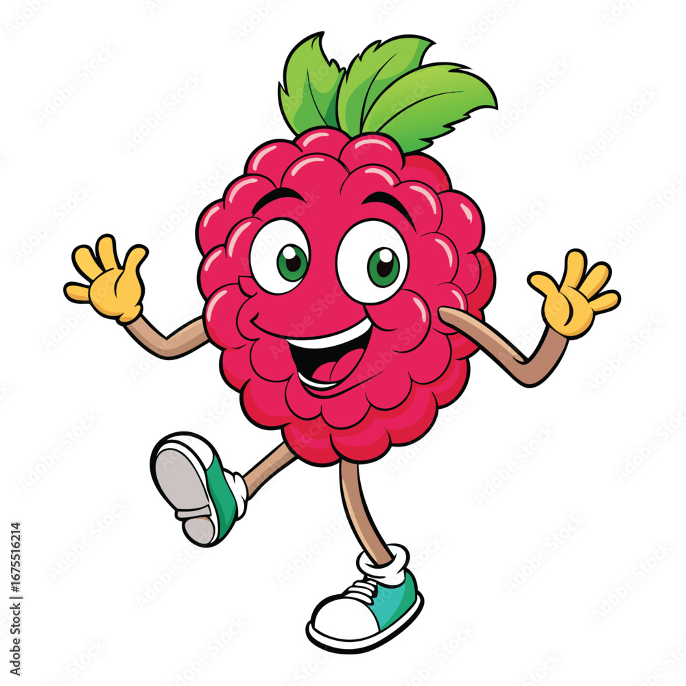 Fototapeta premium Vector art of happy raspberry cartoon character with arms and legs