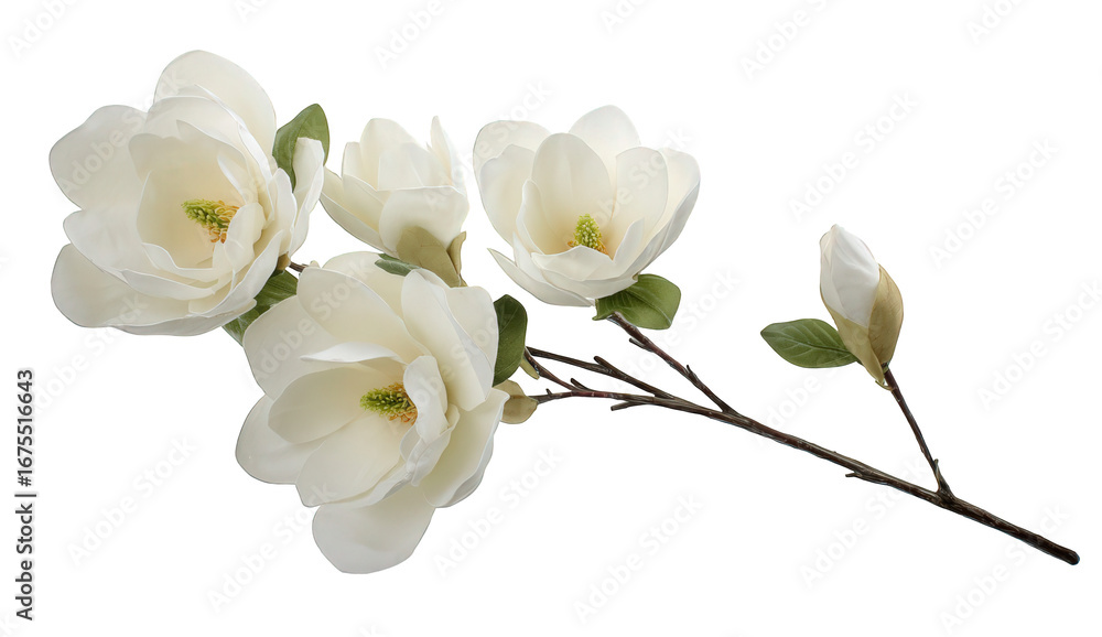 Fototapeta premium White Magnolia Blossoms on Branch Isolated on Black Background