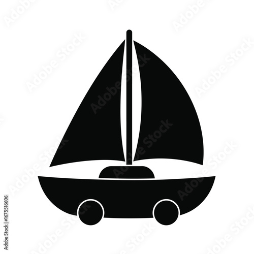 Simple black silhouette of a sailboat with two sails and a mast on a white background