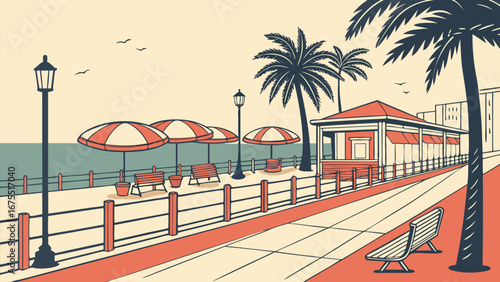 Retro Seaside Promenade: Palm Trees, Beach Kiosk, and Striped Umbrellas on a Sunny Day