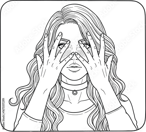 Emotional concealment, expressive woman, black line art, face hidden by hands, introspective pose, vector illustration, detailed hair,