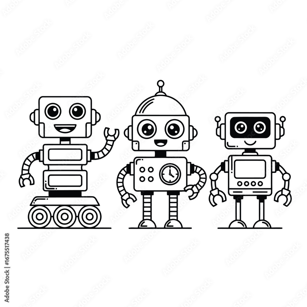 Fototapeta premium Vector illustration of three cartoon robots standing together