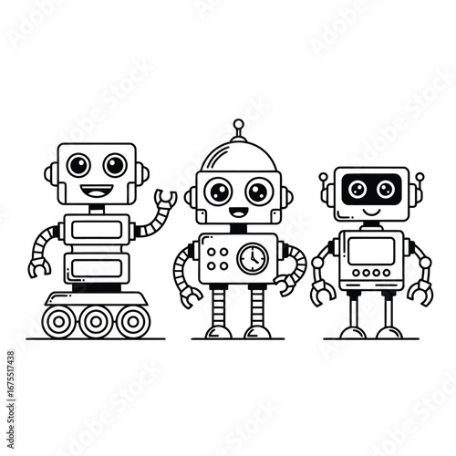 Vector illustration of three cartoon robots standing together