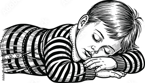 Sleeping child illustration, peaceful nap artwork, striped outfit drawing, serene bedtime vector, black and white sketch, calm rest pose, fine line detail