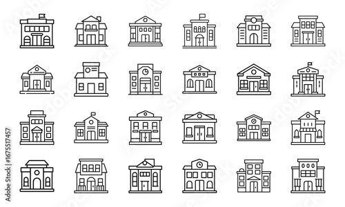 Public and Government Building Icons Set – Bank, Hospital, School, University, Courthouse, Police Station, Office Building, Airport, Stadium, Theater, Modern Business Tower, Government Institution, Fi
