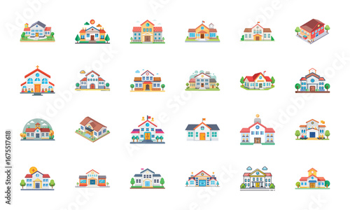 Public and Government Building Icons Set – Bank, Hospital, School, University, Courthouse, Police Station, Office Building, Airport, Stadium, Theater, Modern Business Tower, Government Institution, Fi