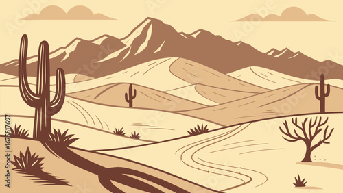 Serene Southwestern Desert Landscape:  Vintage Style Illustration Featuring Cacti, Sand Dunes, and Mountains.