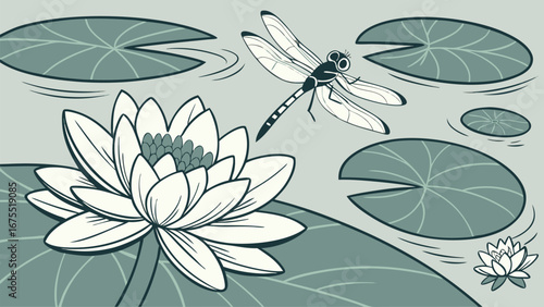 Serene Water Lily and Dragonfly Illustration:  Elegant Line Art, Calm Aquatic Scene, Peaceful Nature Design.