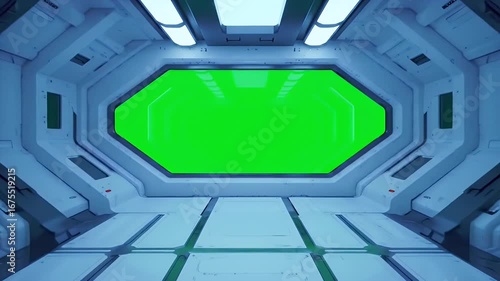 Futuristic Spaceship Corridor with Green Screen Window