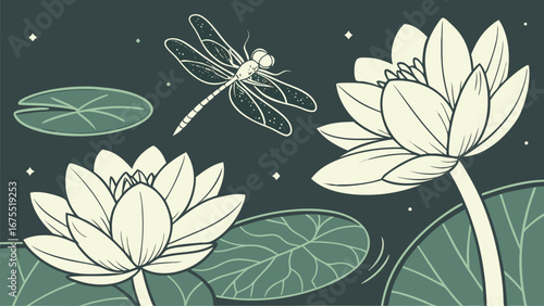 Serene Nighttime Water Lilies and Dragonfly: Elegant Line Art Illustration