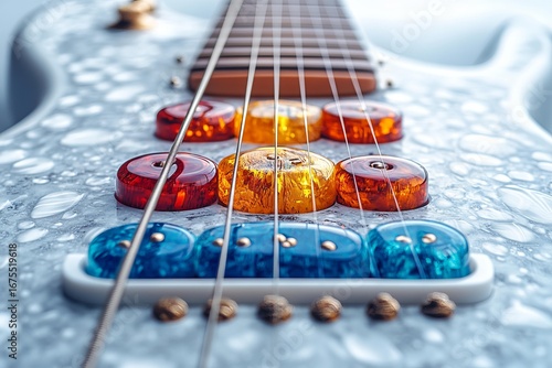 Electric guitar closeup with colorful transparent resin buttons and water drop effect on glossy body creating artistic vibrant futuristic design