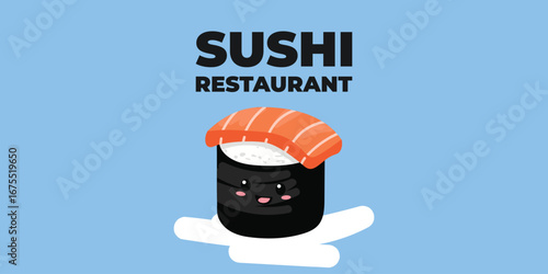 Vector illustrated advertising web and desktop banner with Japanese cuisine, traditional Asian food including sushi and rolls, perfect for Asian restaurant branding, menu design, and promotional