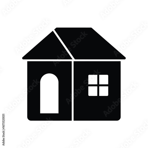 Simple black silhouette of a house with a pitched roof arched doorway and square window on a white background