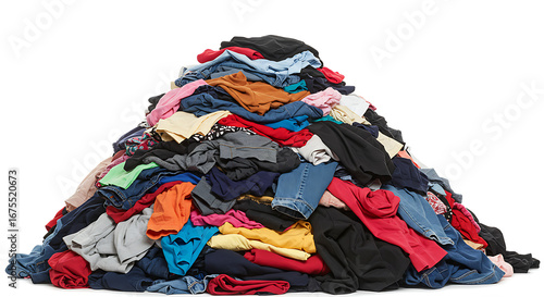 Pile of unfolded dirty clothes for laundry isolated on white background. Heap of used clothes for donation and recycling. Concept of minimalism, mess and wardrobe cleaning