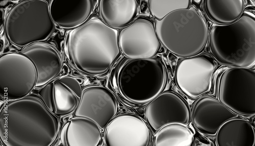 Bubbles in molten metal, or 3D reflective silver water drops. Digitally drawn and edited on a tablet, in an abstract style used for design and backgrounds.