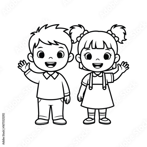 Vector illustration of cartoon boy and girl waving hand