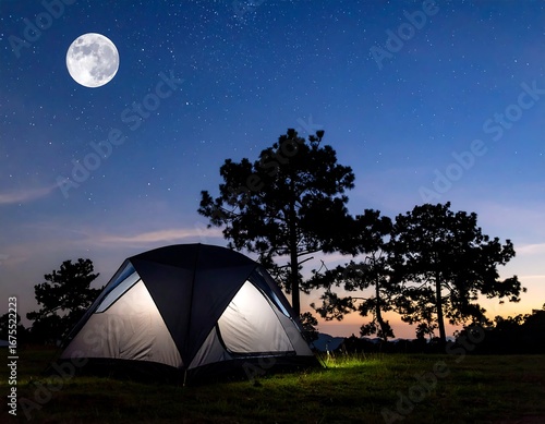 Illuminated tent under a full moon