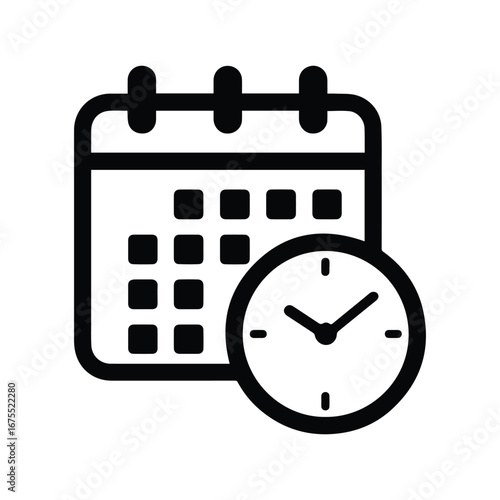 A Clock with Calendar Icon Black and White Vector