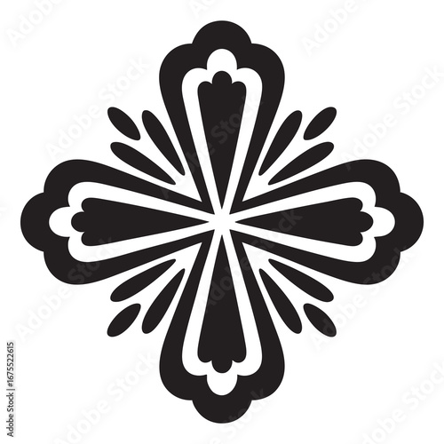 Cross Shaped Ornamental Mandala Layered Symmetrical Geometry Bold Black Silhouette Pure White Background Decorative Powerful