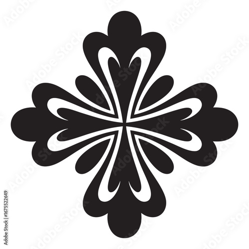 Cross Shaped Ornamental Mandala Layered Symmetrical Geometry Bold Black Silhouette Pure White Canvas Decorative Powerful